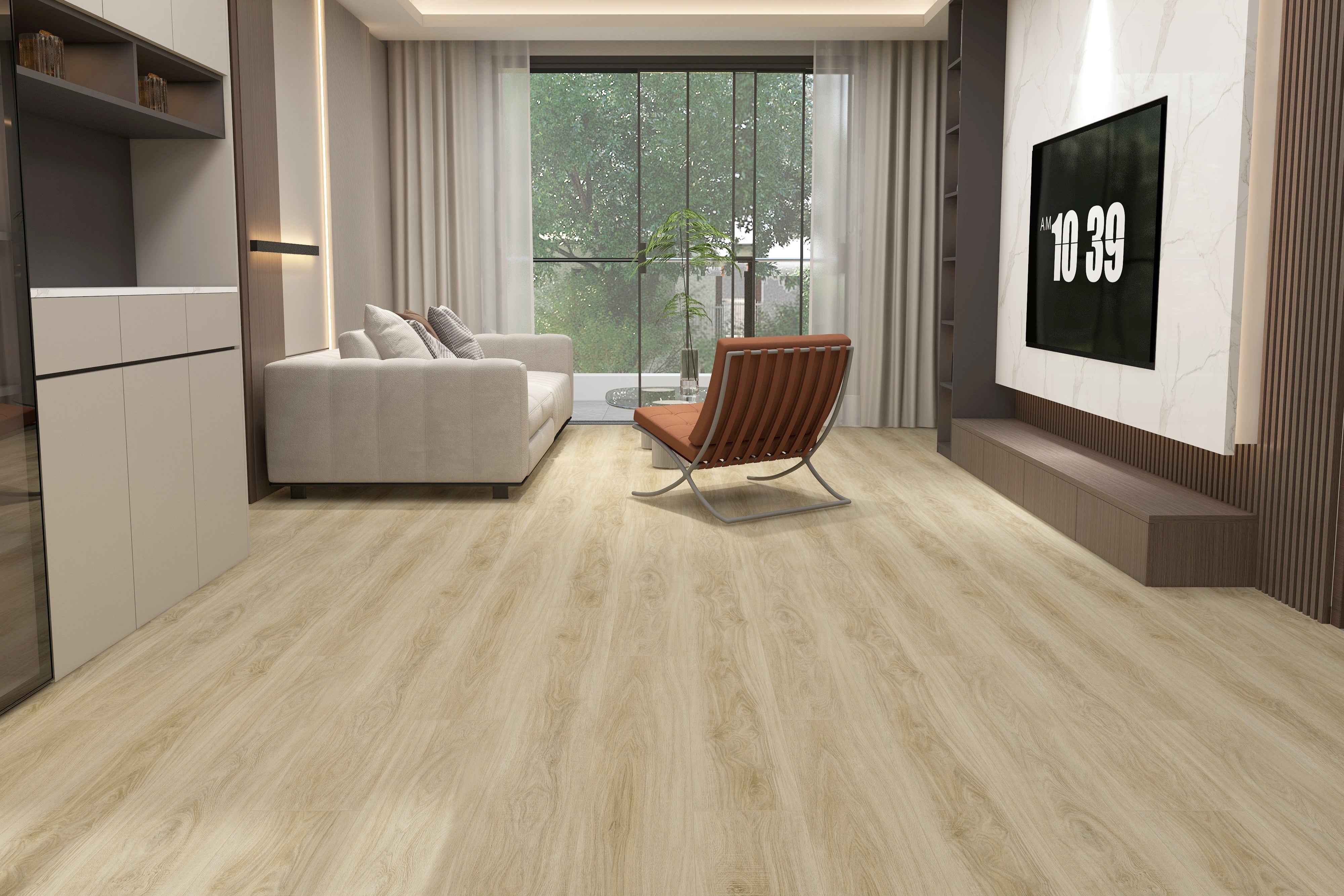 SPC flooring and wall panels installed in a living room