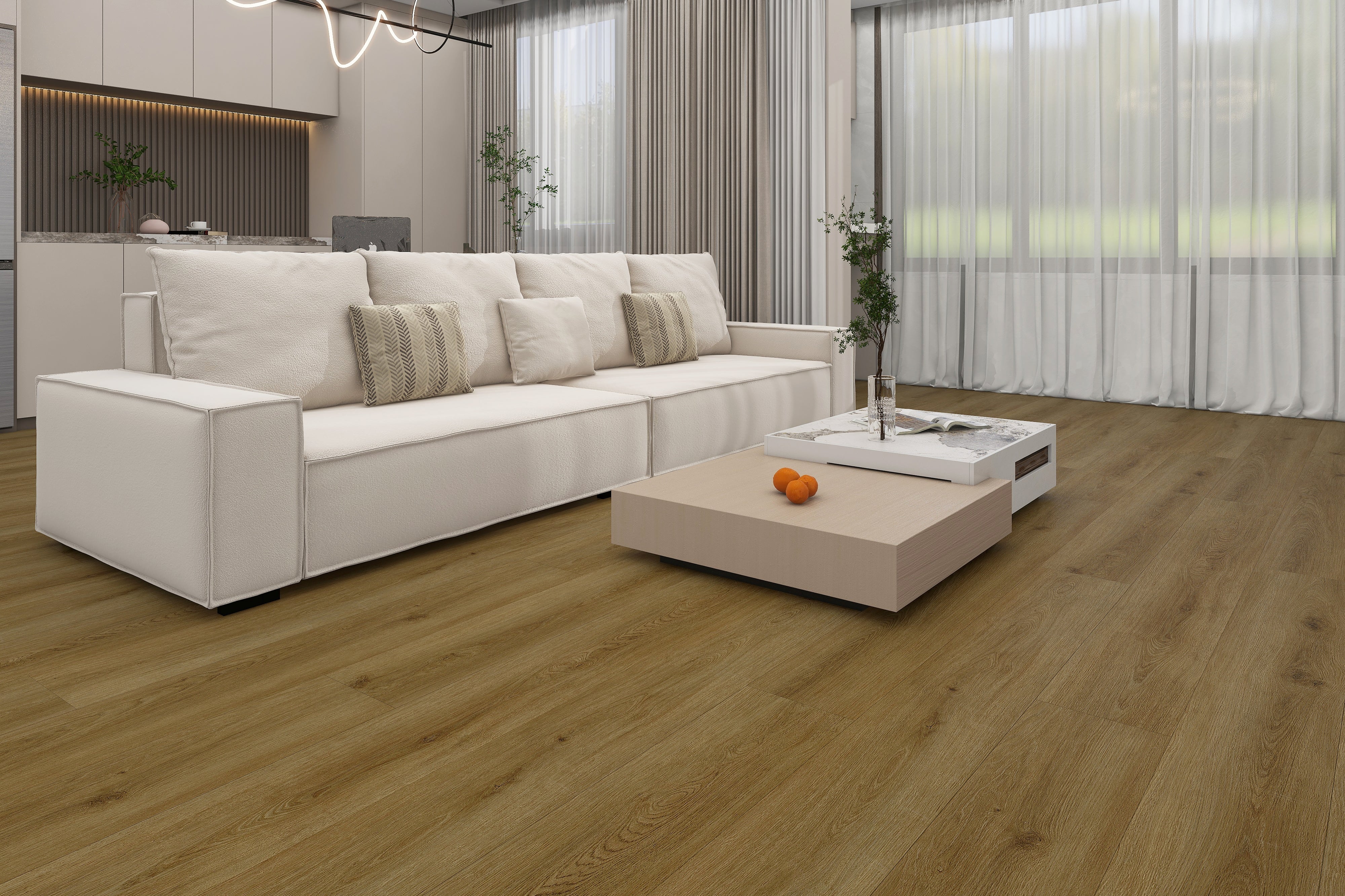 SPC flooring installed in a bright living room