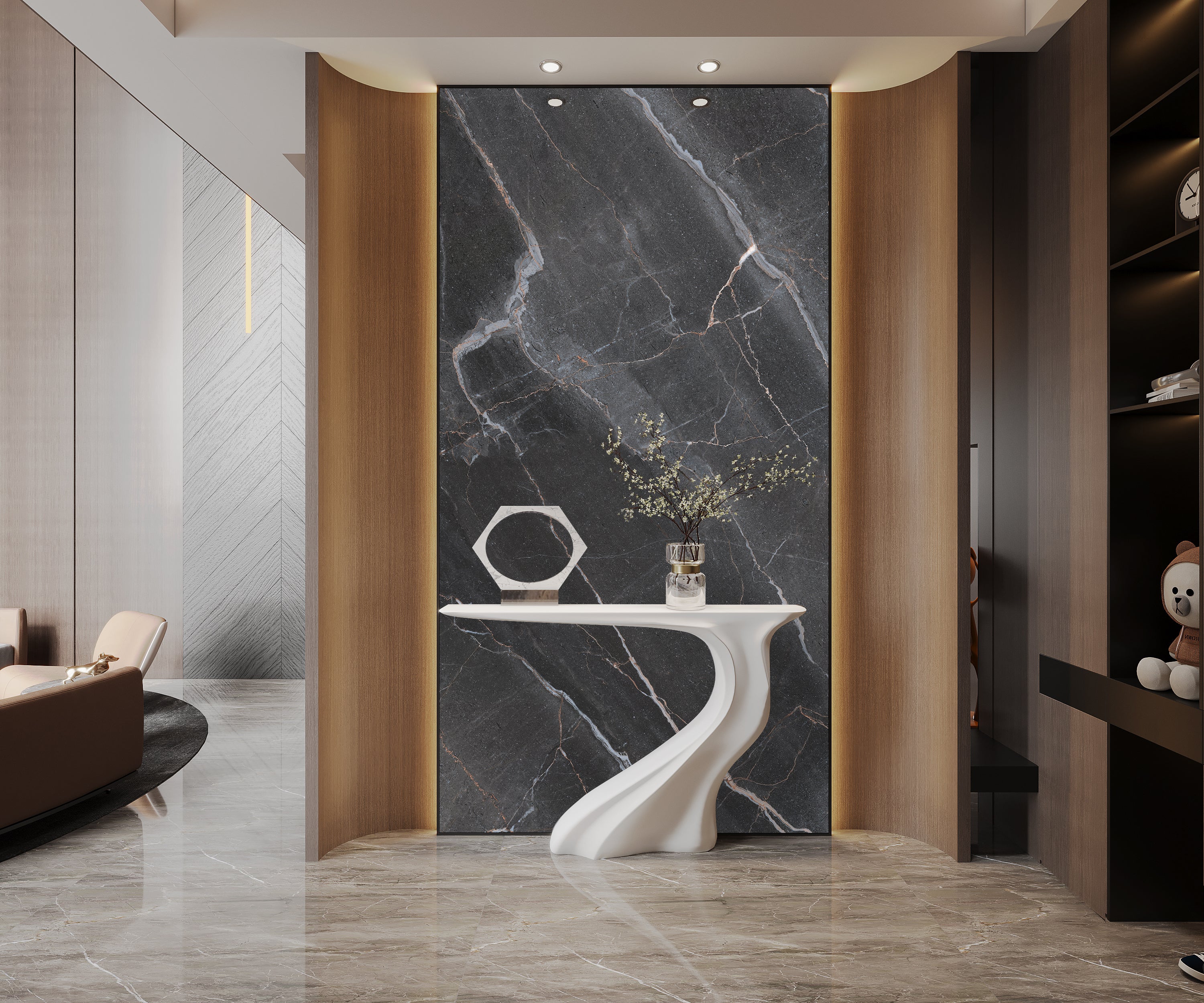 Stone-look WPC wall panel installed as a feature wall
