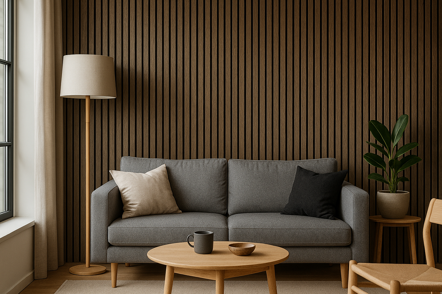 Walnut acoustic slat wall panels behind a sofa